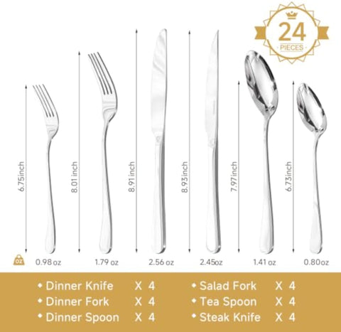 Classic Round 18/10 Stainless Steel 24 Piece Flatware Set, Service for 4