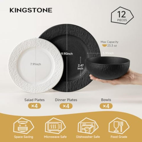Obsidian Matte Marble White&Black 12 Piece Dnnerware Set, Service for 4