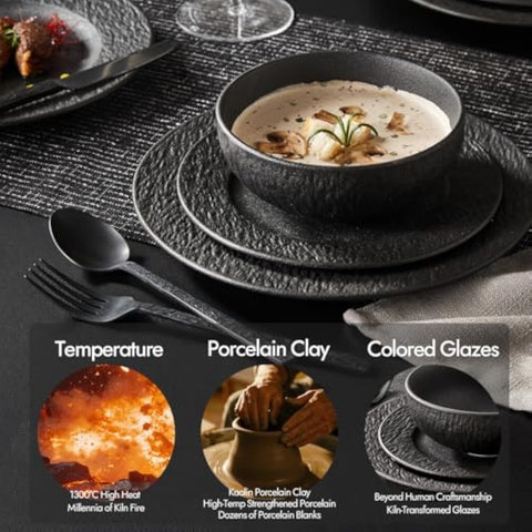 Obsidian Matte Marble 32 Piece Dinnerware Set (With Flatware)