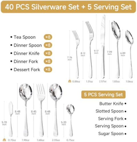 Classic Round 18/10 Stainless Steel 45 Piece Flatware Set, Service for 8 (With Serving Utensils)
